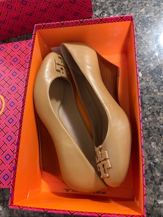 Tory Burch Shoes - Tory Burch Beige Leather Wedge Heels with Signature Logo